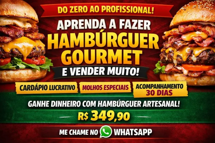 "Aprenda Hambúrguer Gourmet + Molhos Especiais | Curso + 30 dias de acompanhamento"