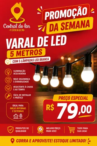 Varal de LED 5 metros com 5 lâmpadas LED brancas