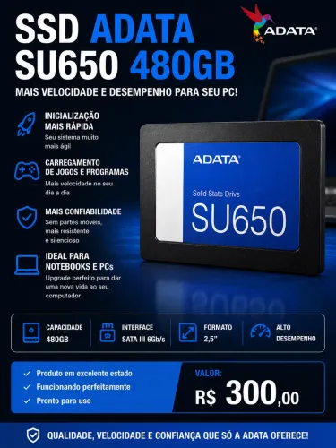 SSD ADATA SU650 480GB SATA - Alto Desempenho e Mais Velocidade para seu PC!