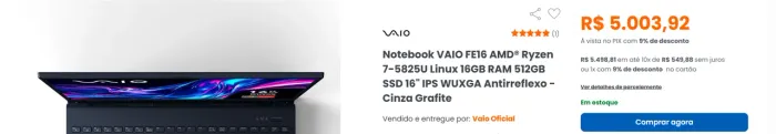 Notebook VAIO FE16 AMD® Ryzen 7-5825U Windows 11 - 16GB RAM 512GB SSD