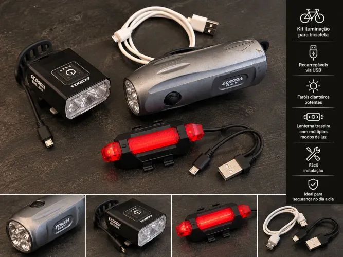 Kit 3 Lanternas Bike - 2 Faróis Dianteiros + Lanterna Traseira USB