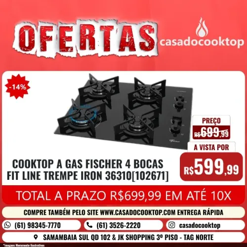 COOKTOP A GAS FISCHER 4 BOCAS FIT LINE TREMPE IRON 36310[102671]
