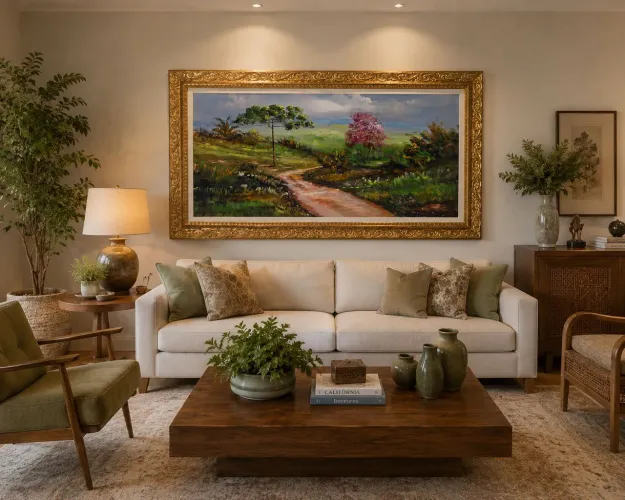 Quadro Decorativo Grande para Sala - Óleo Sobre Tela 145x85 c/ Moldura Premium