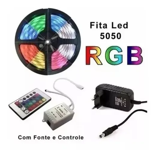 Fita LED RGB 5050 com Fonte e Controle Rolo 5 Metros a Prova D'água