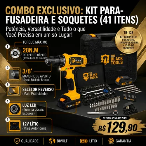 Kit Parafusadeira e Furadeira TB-12E + Jogo de Soquetes 40 Peças