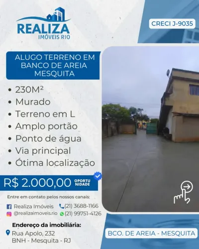 Realiza Imóveis - ALUGO EXCELENTE TERRENO EM BANCO DE AREIA - MESQUITA