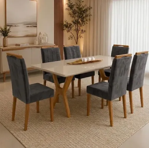 Conjunto de Jantar Belluno Cinamomo Off White com 6 Cadeiras Veludo Grafite