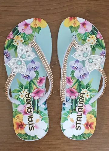 Chinelo Feminino Bordado Decorado Floral