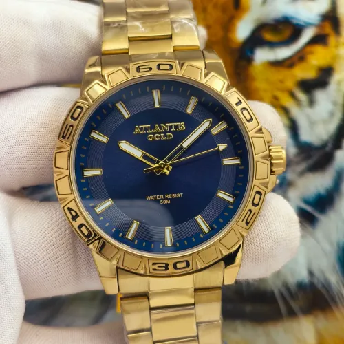 Relógio masculino novo original prova d'água dourado banhado a ouro Atlantis oferta