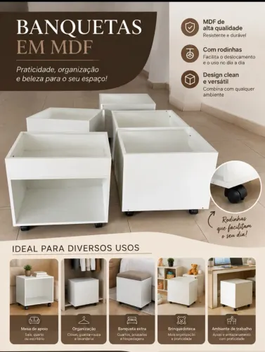 Mesas em MDF com rodinha e compartimento. 