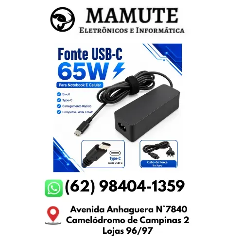 Fonte Carregador Para Notebook 20v 3.25a 65w Usb Type-c Usb-c