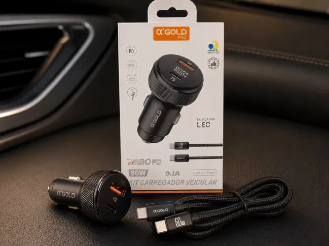 Kit Carregador Veicular 60W USB-C e USB com Cabo Tipo-C