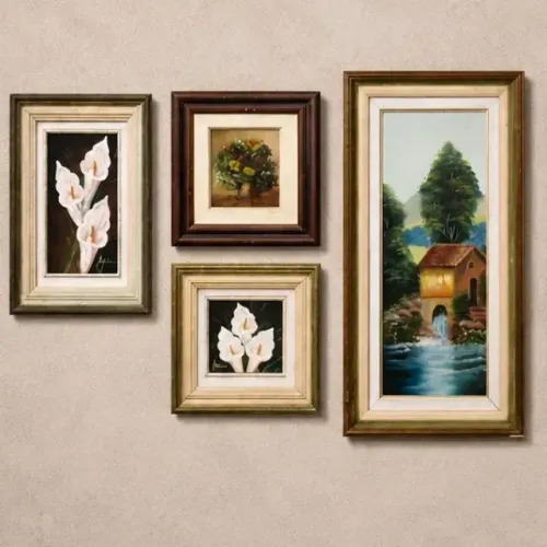 Conjunto de 04 quadros a óleo de paisagem e flores