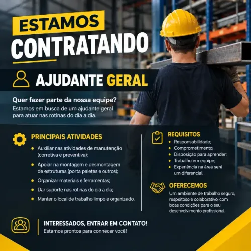 Estamos procurando um Ajudante Geral para trabalhar em serralheria. A função envolve auxil