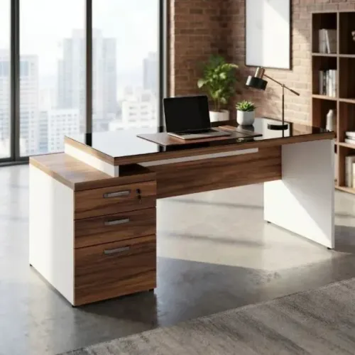 Mesa Escritório Executiva Com Vidro Fumê E Gaveteiro Nogal Sevilha Branco - 34430