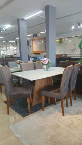 CONJUNTO DE JANTAR MESA EM MDF E 6 CADEIRAS EM MADEIRA MACIÇA 