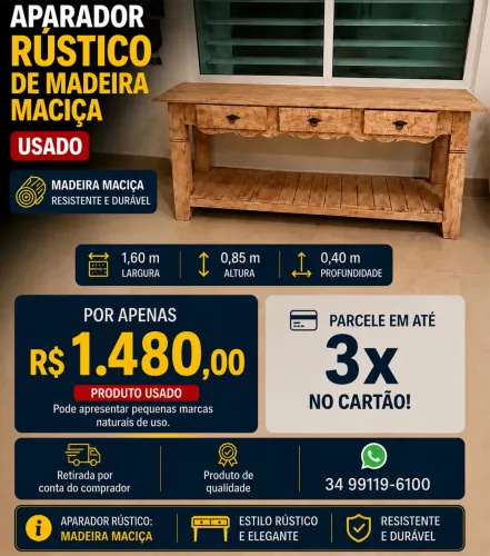 APARADOR RÚSTICO DE MADEIRA MACIÇA