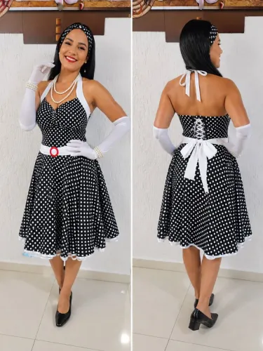 Fantasia Anos 50 Feminina Retrô Poá Preto e Branco Luxo com Luvas e Acessórios
