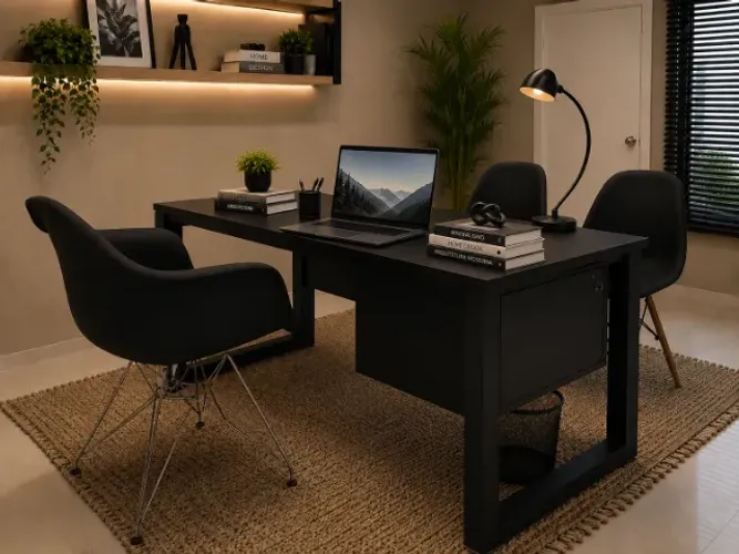 Mesa de Escritório Delluxe Black Wood. Armário Cofre. 120cm x 60cm x 74cm.