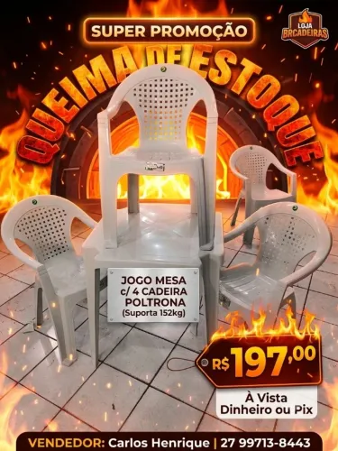 Mesa Plástico 70x70 com 4 cadeira Poltrona - Jogo completo 