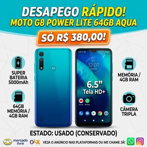 CELULAR MOTO G8 POWER LITE 64GB AQUA (USADO) ? R$ 380