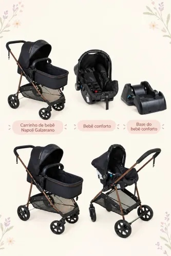  Kit Carrinho de Bebê Galzerano Napoli + Bebê Conforto + Base
