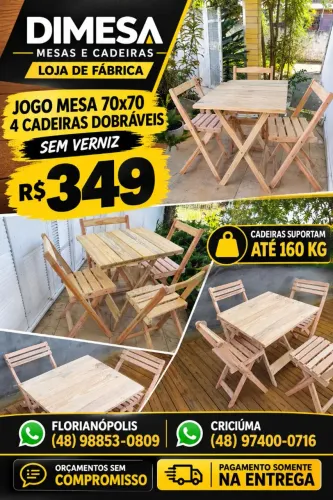 Conjunto 70x70 com 4 cadeiras dobráveis madeira maciça sem verniz