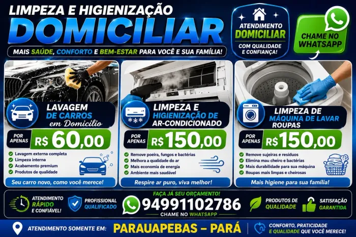 Limpeza ar condicionado, carro e máquina de lavar