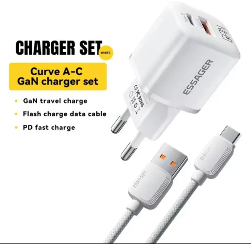 Carregador Essager GaN Curve A-C com Cabo - Carregamento Rápido