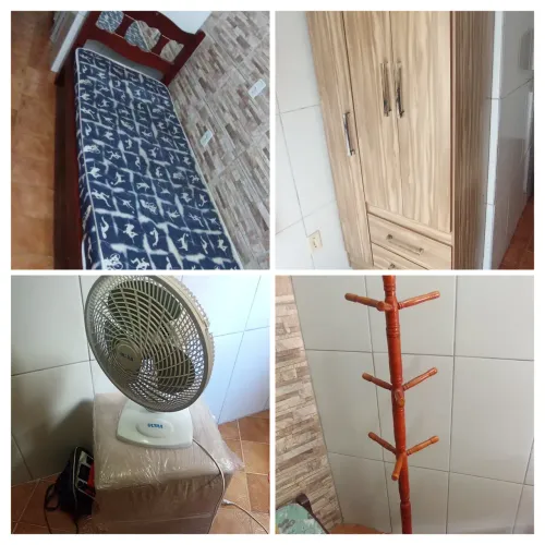 Cama, guarda roupas, ventilador,cabide