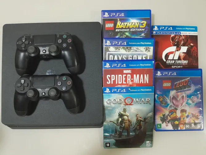 Ps4 Slim 1 Tera + 2 controles originais + jogos Spiderman, God of War e outros