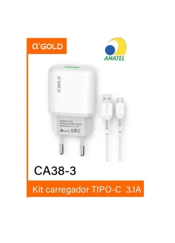 CARREGADOR 1 USB 1 CABO TIPO-C A?GOLD CA38-3 BRANCO