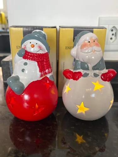 Enfeite De Natal Papai Noel Boneco Neve Com Led De Ceramica