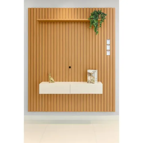 "Destaque para sua Sala: Conjunto Painel Ripado 1412 Freijó/Off White Matte Niagara Colibr