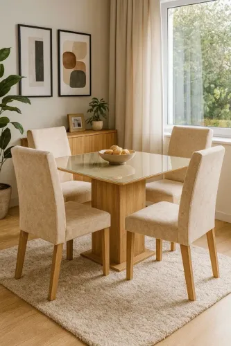 ?Conjunto Sala de Jantar Mesa Tampo de Vidro com 4 Cadeiras Rustic/Crema/Imperial Madesa E