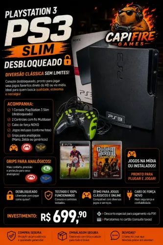 PS3 Slim Desbloqueado + Caixa + 2 Controles + Jogos | Testado | Capifire GAMES
