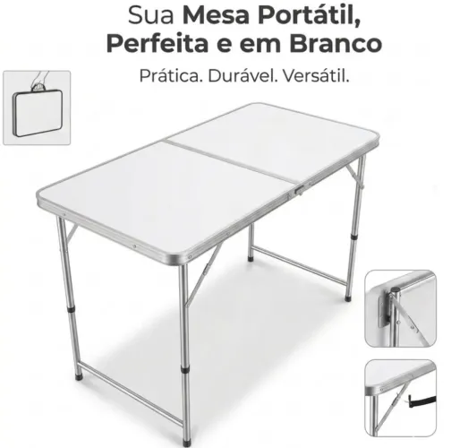 Mesa de Plástico 120cm x 60cm - Dobrável Vira Maleta Portátil para Camping e Acampamento