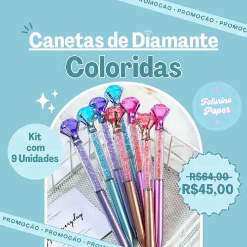 KIT 9 CANETAS DIAMANTE CRISTAL STRASS - IMPORTADO - 4 VARIAÇÕES DE CORES | MODELO SORTIDO