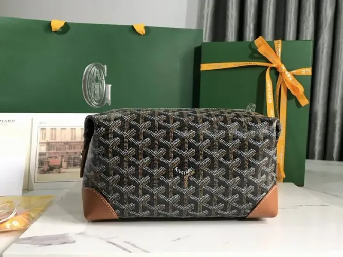Necessaire estojo bolsa couro legítimo preto e marrom italiana goyard