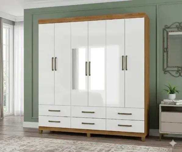 Guarda Roupa Dallas Cinamomo com Branco Espelho Incluso