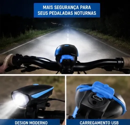 FAROL PARA BICICLETA COM BUZINA - MAIS VISIBILIDADE E SEGURANÇA
