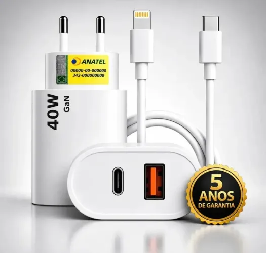 Carregador Turbo Duplo<br><br>40w Usb Tipo C Para iPhone 8 X Xr 11 12 13 14 Pro Max<br><br>Dtimp.