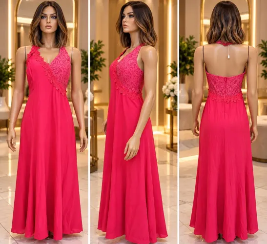 Vestido Longo De Festa Pink Rosa Com Renda Tamanho M