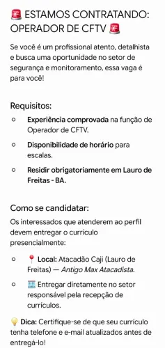? ESTAMOS CONTRATANDO: OPERADOR DE CFTV ?
