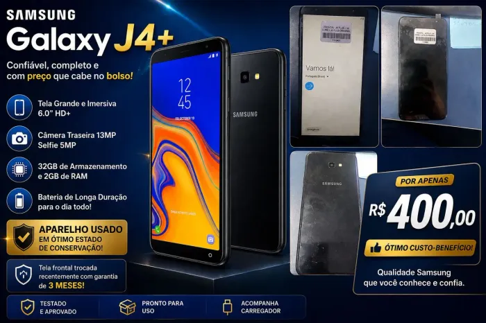 Samsung Galaxy J4+ pronto para usar! Tela frontal novinha com 3 meses de garantia.