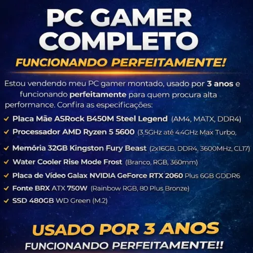 PC Gamer Ryzen 5 5600 RTX 2060 32GB RGB Funcionando Perfeitamente