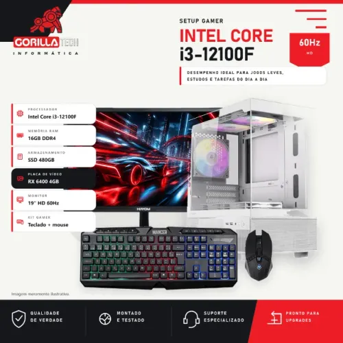 PC Gamer Completo Core i3-12100F RX 6400 4GB 16GB SSD 480GB Monitor 19"