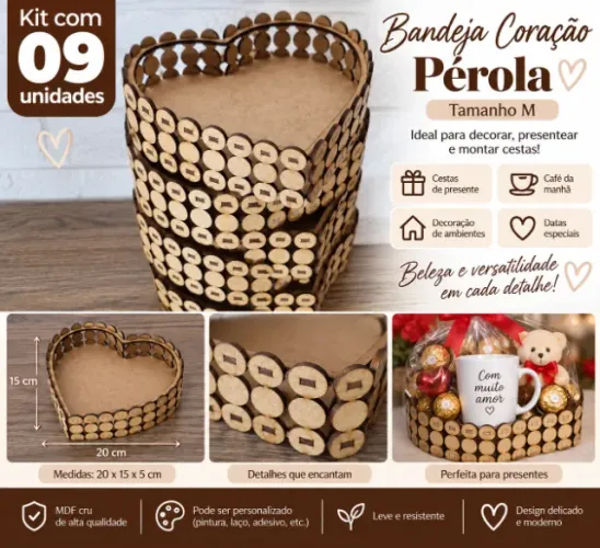 Kit 9 Bandejas Coração Pérola MDF Cru - Tamanho M