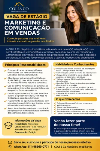VAGA DE ESTÁGIO - MARKETING E COMUNICAÇÃO EM VENDAS