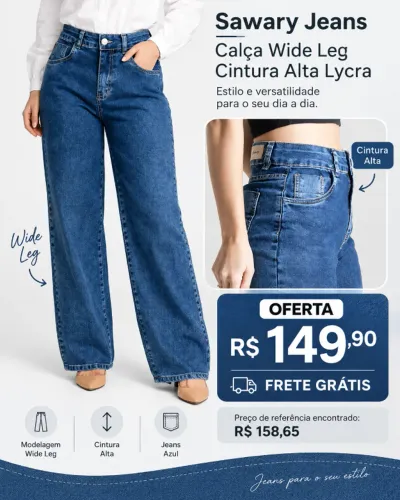 Calça Jeans Sawary Feminina Wide Leg Cintura Alta - Nova